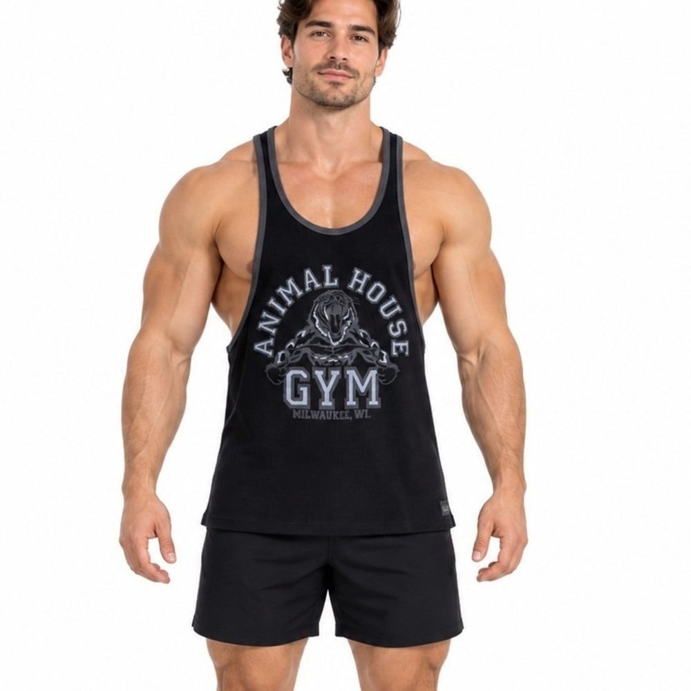 Crazee Wear Animal House Gym Stringer Tank Top Large Black Retro Bodybuilding